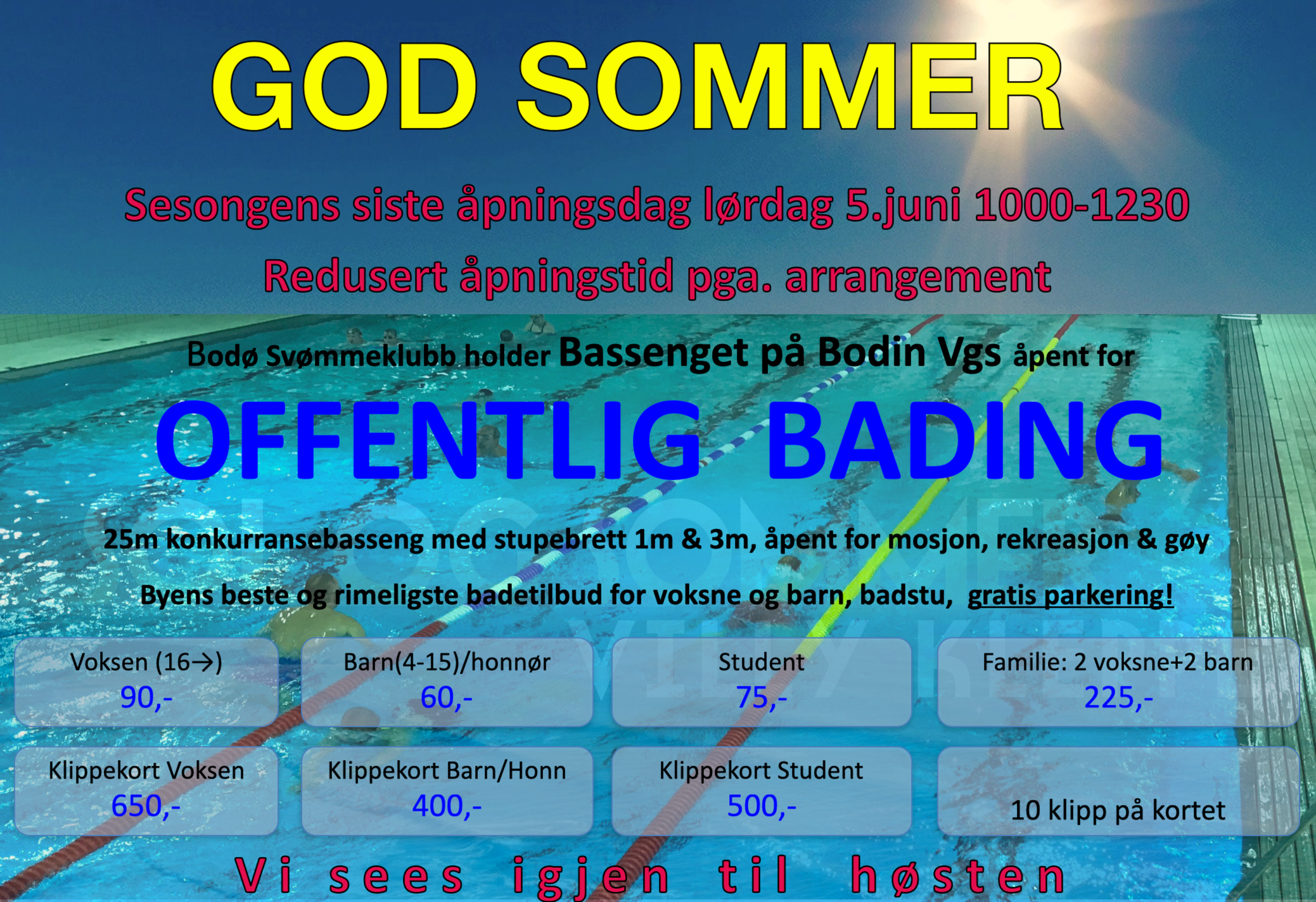 Siste mulighet før sommeren: Offentlig bading lørdag 5.juni 1000-1230